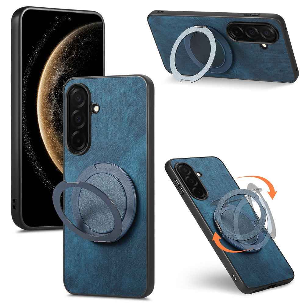 For Samsung Galaxy A57 5G Stress Relief Retro Leather Back Cover Phone Case with Rotating Kickstand - Blue