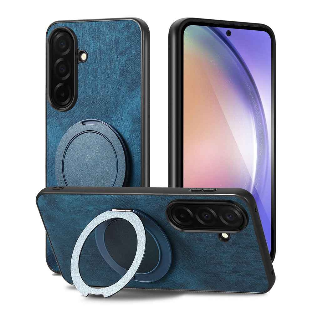 For Samsung Galaxy A57 5G Stress Relief Retro Leather Back Cover Phone Case with Rotating Kickstand - Blue