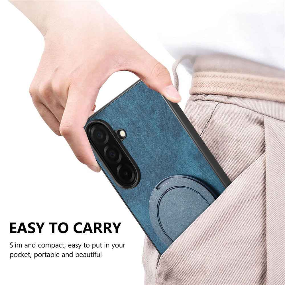 For Samsung Galaxy A57 5G Stress Relief Retro Leather Back Cover Phone Case with Rotating Kickstand - Blue