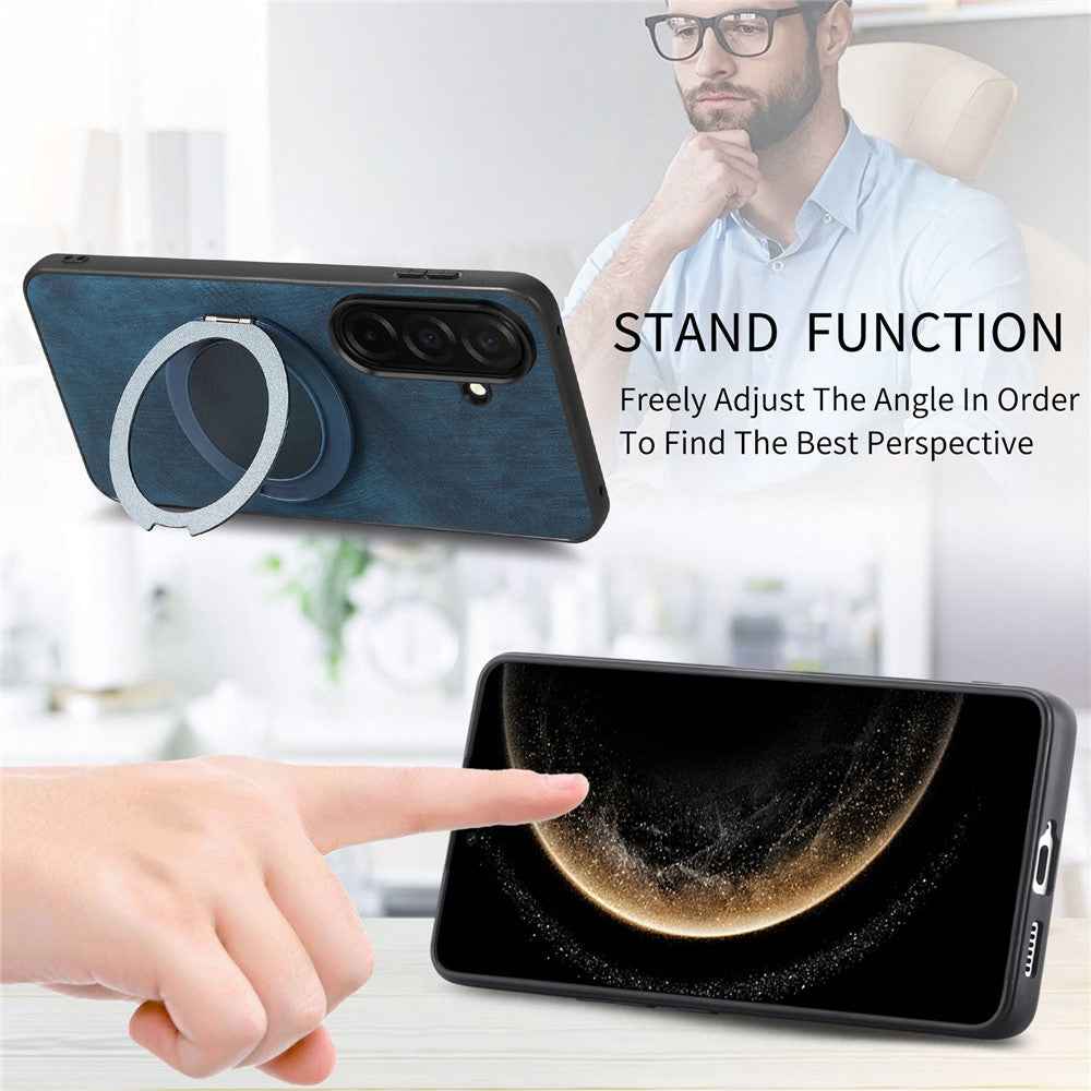 For Samsung Galaxy A57 5G Stress Relief Retro Leather Back Cover Phone Case with Rotating Kickstand - Blue