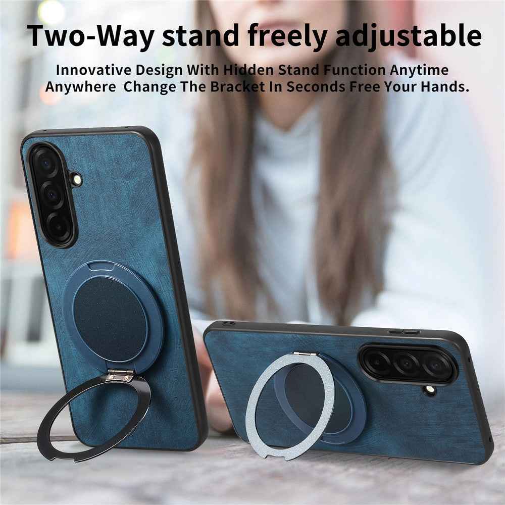 For Samsung Galaxy A57 5G Stress Relief Retro Leather Back Cover Phone Case with Rotating Kickstand - Blue