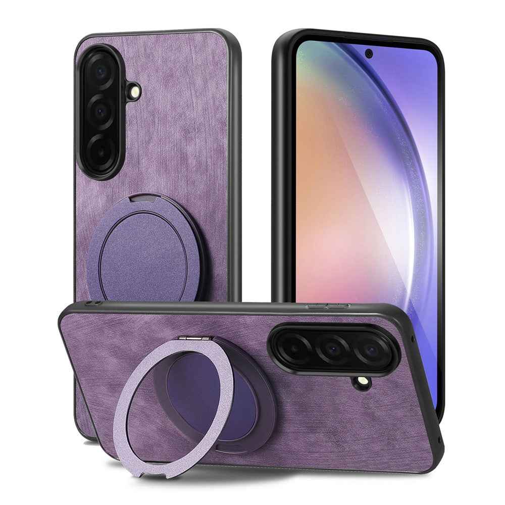 For Samsung Galaxy A57 5G Stress Relief Retro Leather Back Cover Phone Case with Rotating Kickstand - Purple