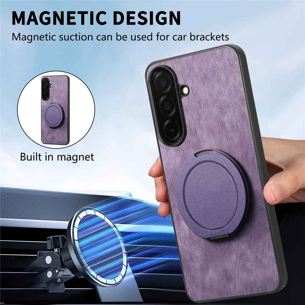 For Samsung Galaxy A57 5G Stress Relief Retro Leather Back Cover Phone Case with Rotating Kickstand - Purple