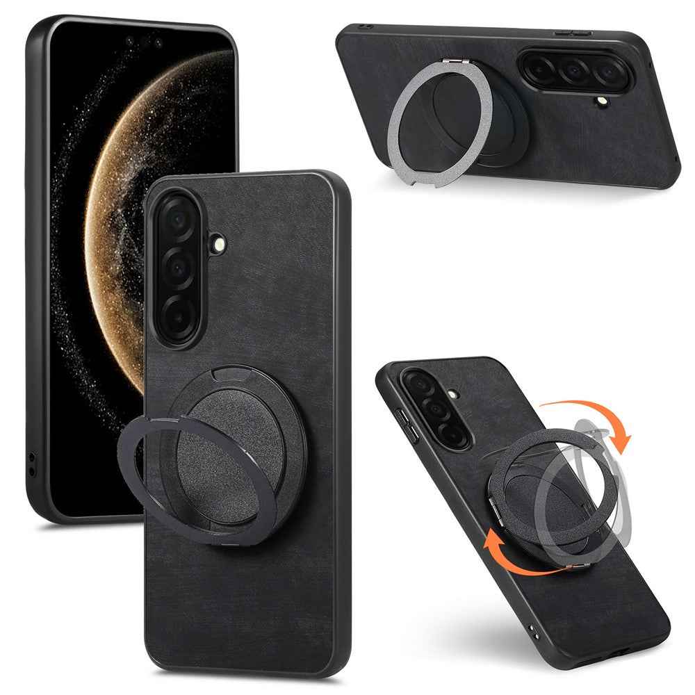 For Samsung Galaxy A57 5G Stress Relief Retro Leather Back Cover Phone Case with Rotating Kickstand - Black