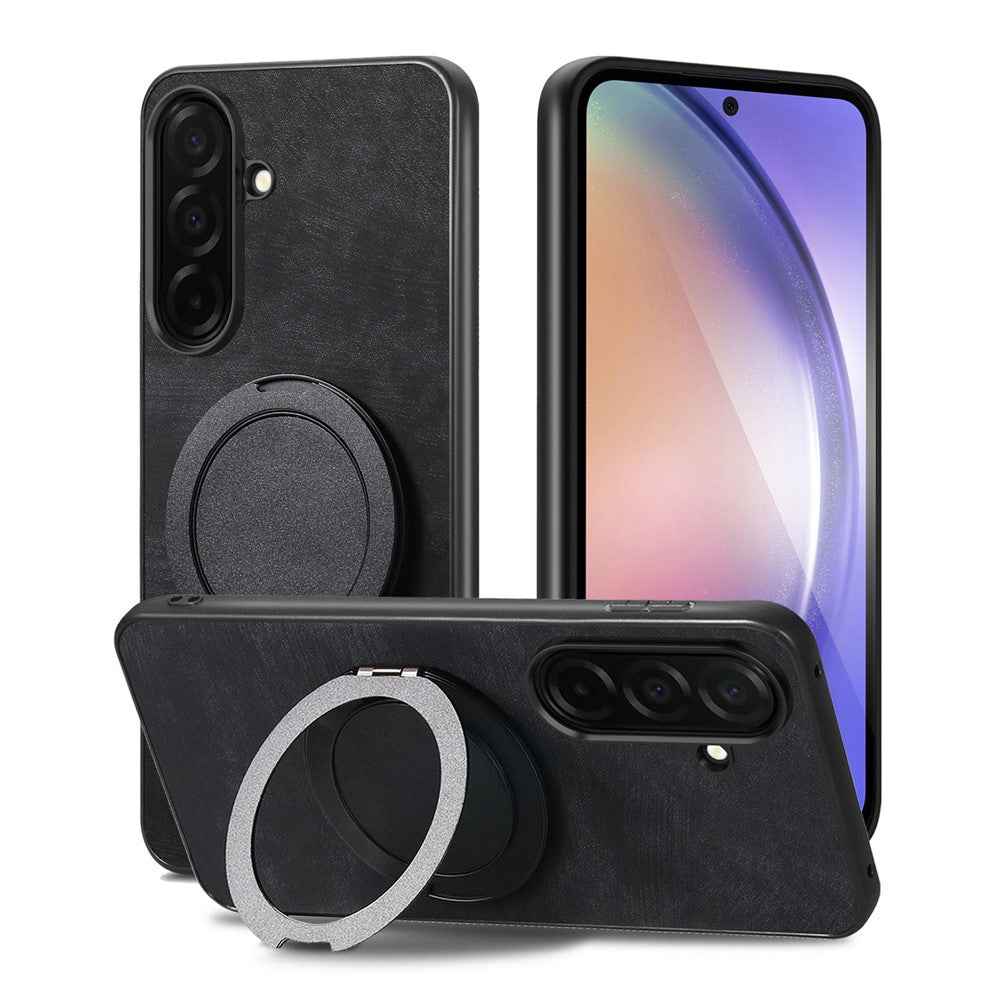 For Samsung Galaxy A57 5G Stress Relief Retro Leather Back Cover Phone Case with Rotating Kickstand - Black