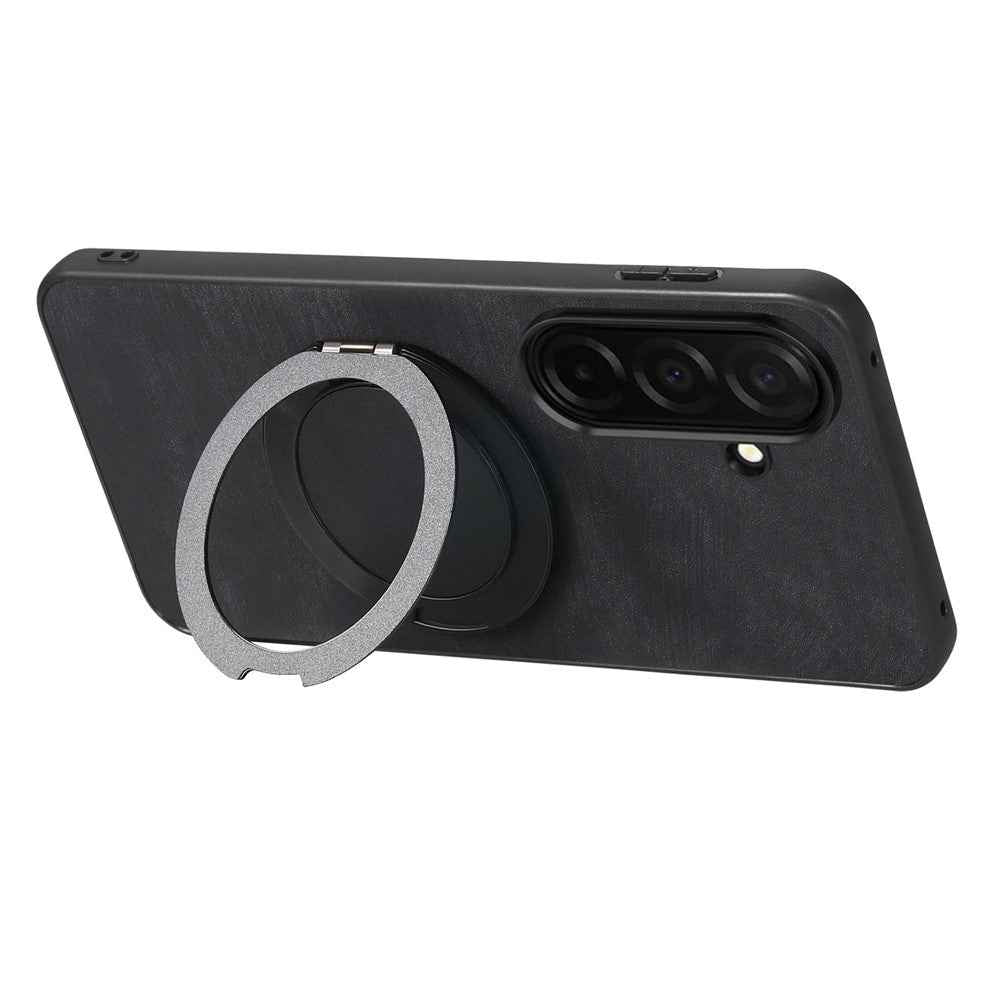 For Samsung Galaxy A57 5G Stress Relief Retro Leather Back Cover Phone Case with Rotating Kickstand - Black