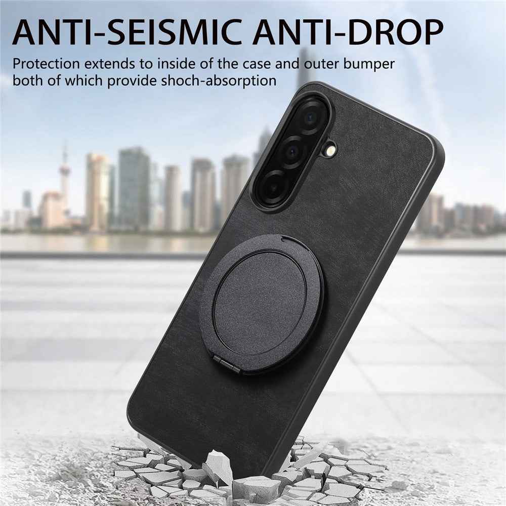 For Samsung Galaxy A57 5G Stress Relief Retro Leather Back Cover Phone Case with Rotating Kickstand - Black