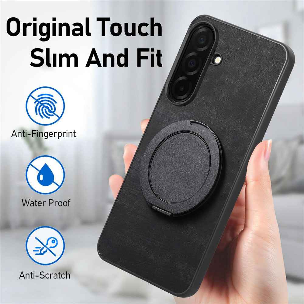 For Samsung Galaxy A57 5G Stress Relief Retro Leather Back Cover Phone Case with Rotating Kickstand - Black