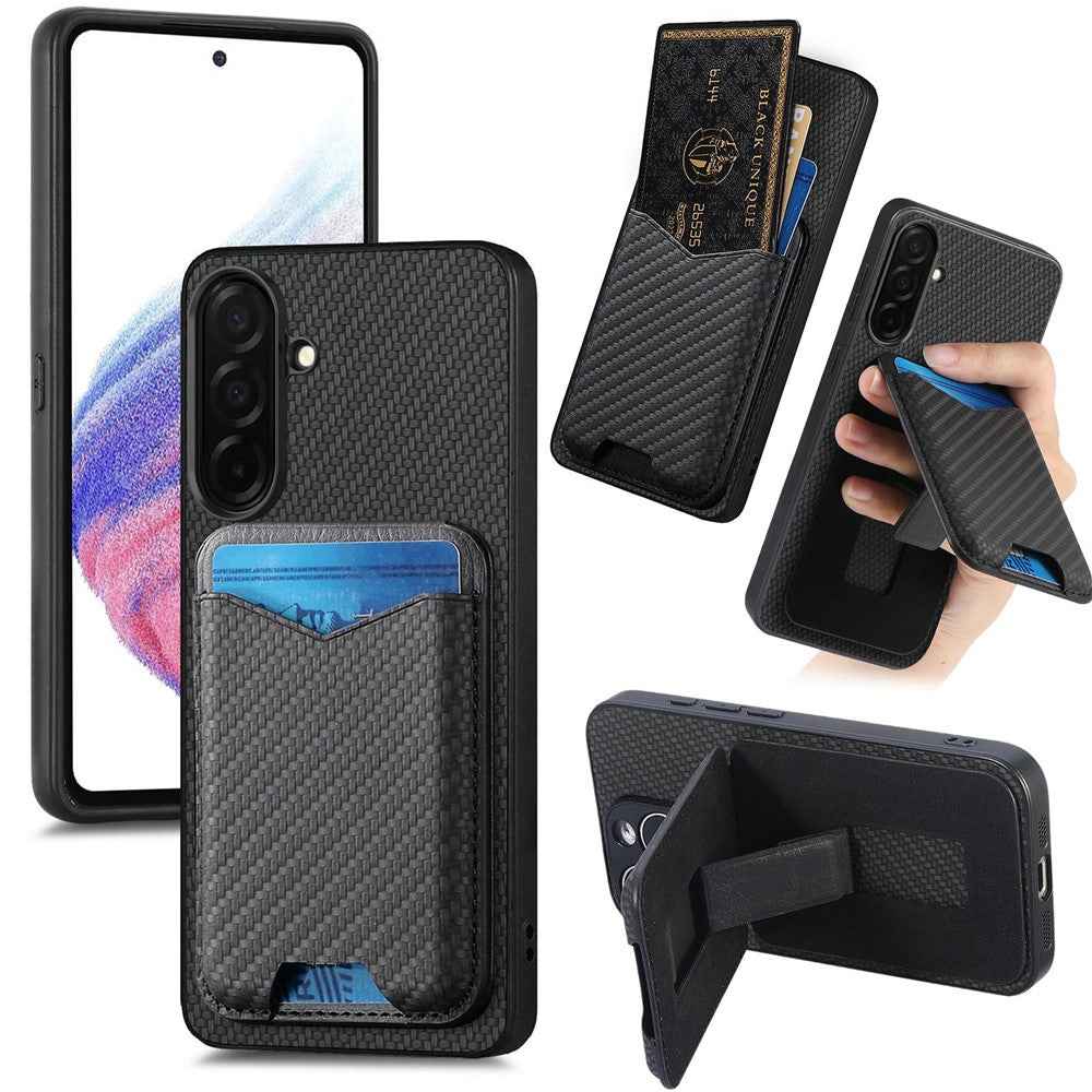 CASENEO C1-19 for Samsung Galaxy A57 5G Case Folding Kickstand Leather Back Cover Carbon Fiber Texture - Black