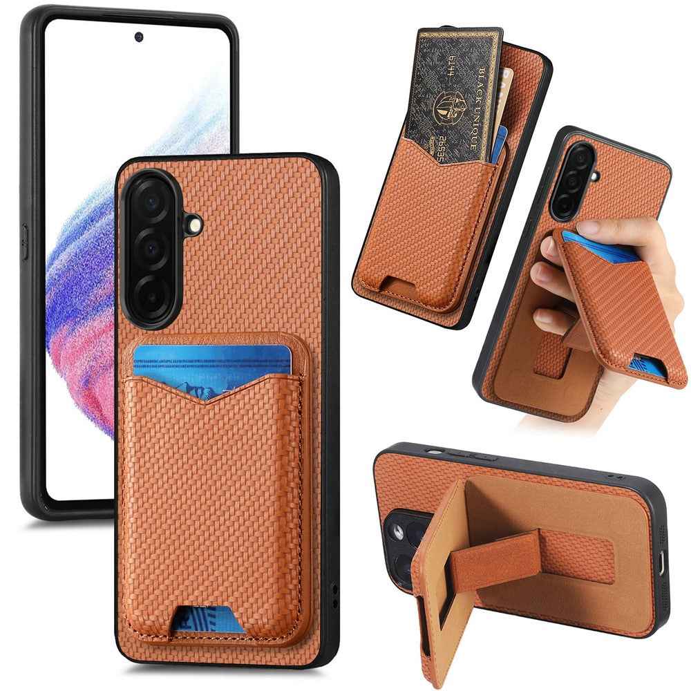 CASENEO C1-19 for Samsung Galaxy A57 5G Case Folding Kickstand Leather Back Cover Carbon Fiber Texture - Brown