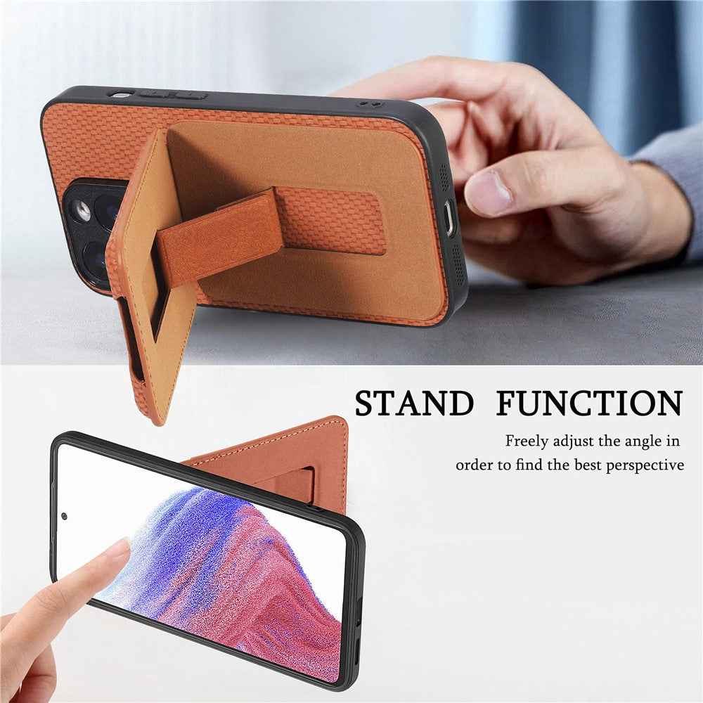 CASENEO C1-19 for Samsung Galaxy A57 5G Case Folding Kickstand Leather Back Cover Carbon Fiber Texture - Brown