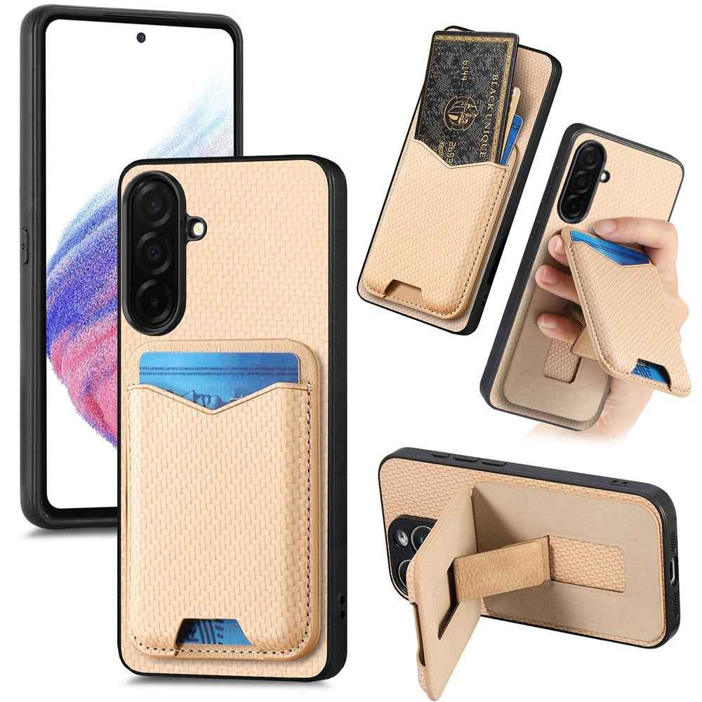 CASENEO C1-19 for Samsung Galaxy A57 5G Case Folding Kickstand Leather Back Cover Carbon Fiber Texture - Apricot