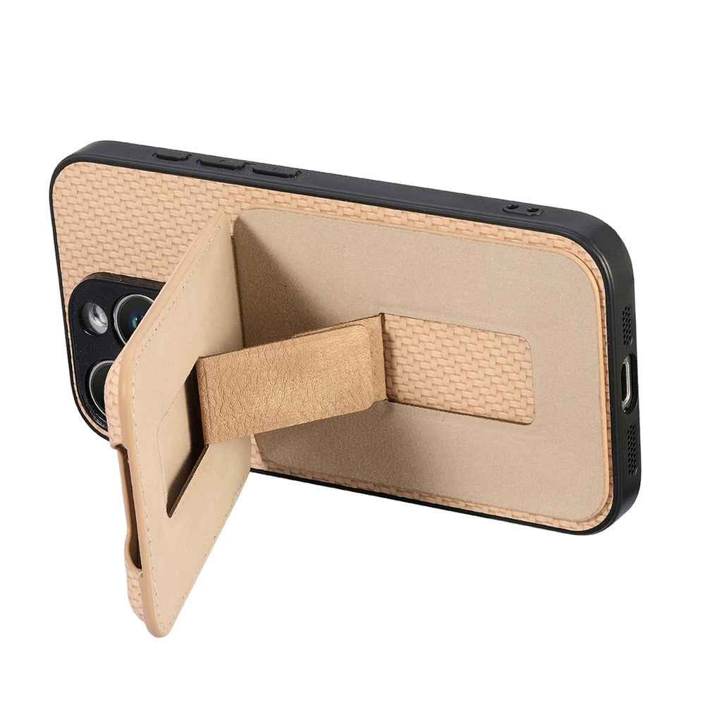 CASENEO C1-19 for Samsung Galaxy A57 5G Case Folding Kickstand Leather Back Cover Carbon Fiber Texture - Apricot