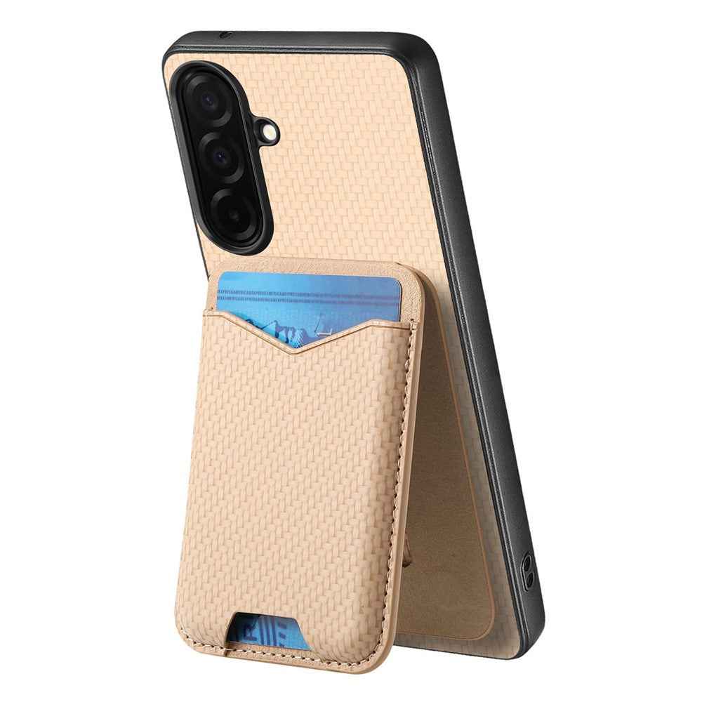 CASENEO C1-19 for Samsung Galaxy A57 5G Case Folding Kickstand Leather Back Cover Carbon Fiber Texture - Apricot
