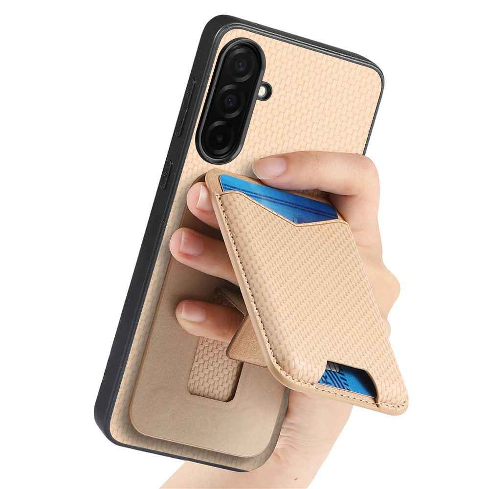 CASENEO C1-19 for Samsung Galaxy A57 5G Case Folding Kickstand Leather Back Cover Carbon Fiber Texture - Apricot