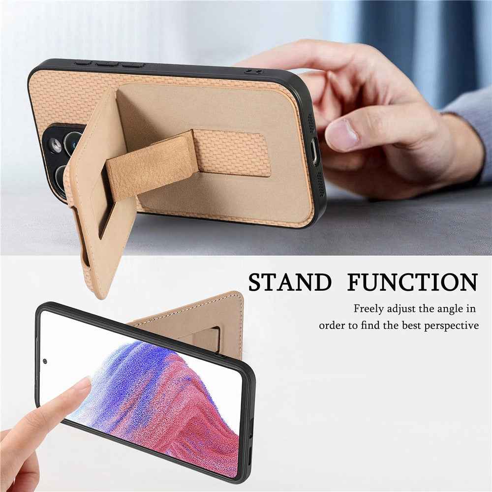 CASENEO C1-19 for Samsung Galaxy A57 5G Case Folding Kickstand Leather Back Cover Carbon Fiber Texture - Apricot