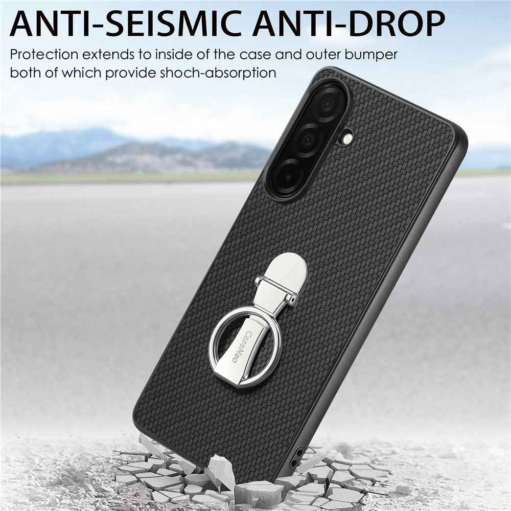 For Samsung Galaxy A57 5G Case Card Holder Kickstand Carbon Fiber Texture Back Cover - Black