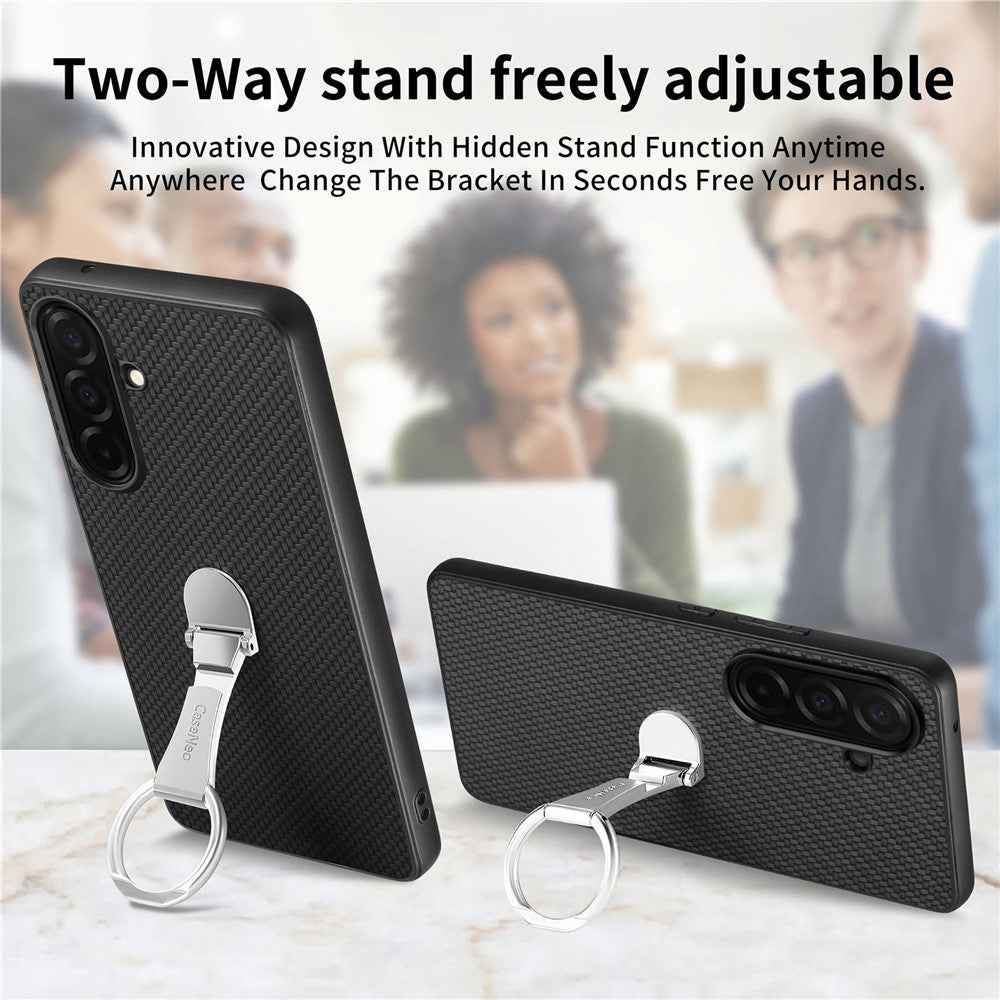 For Samsung Galaxy A57 5G Case Card Holder Kickstand Carbon Fiber Texture Back Cover - Black
