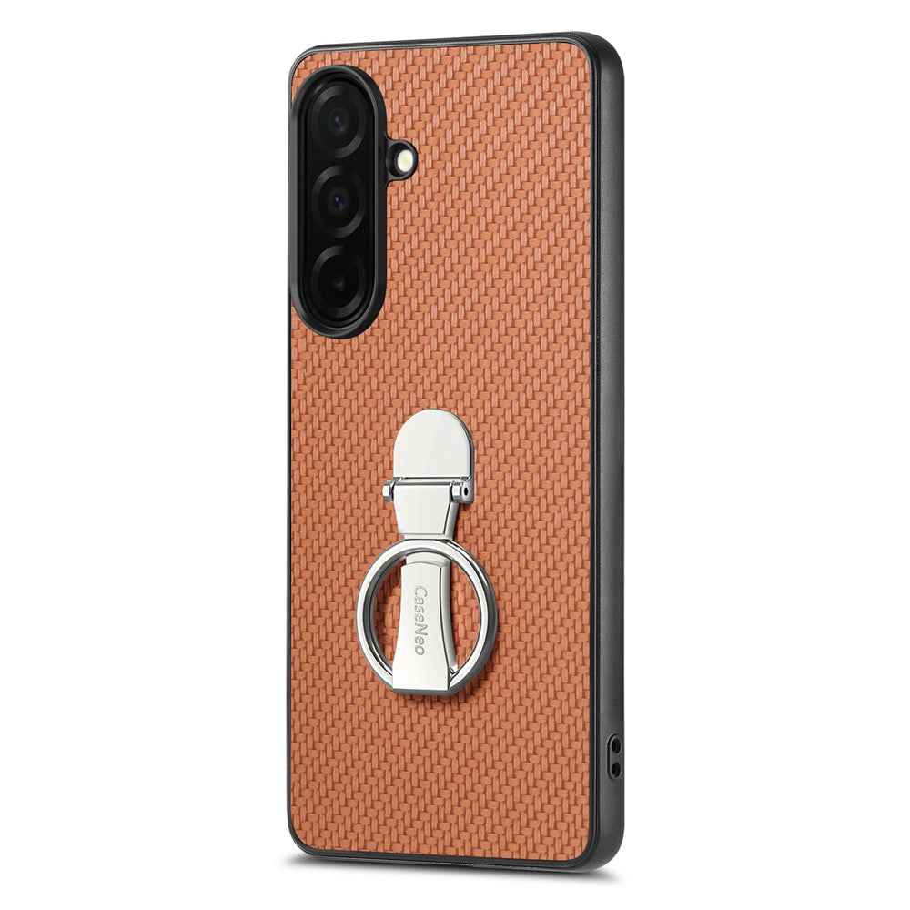 For Samsung Galaxy A57 5G Case Card Holder Kickstand Carbon Fiber Texture Back Cover - Brown