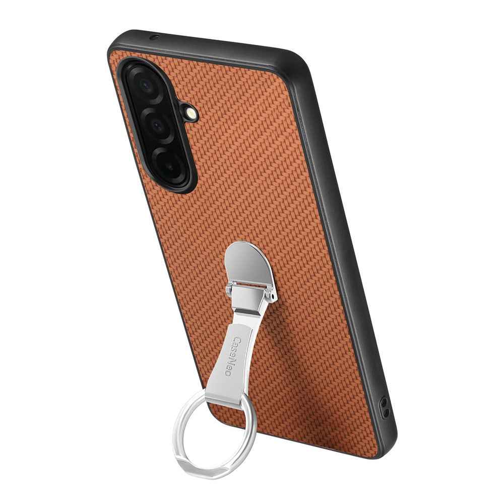 For Samsung Galaxy A57 5G Case Card Holder Kickstand Carbon Fiber Texture Back Cover - Brown