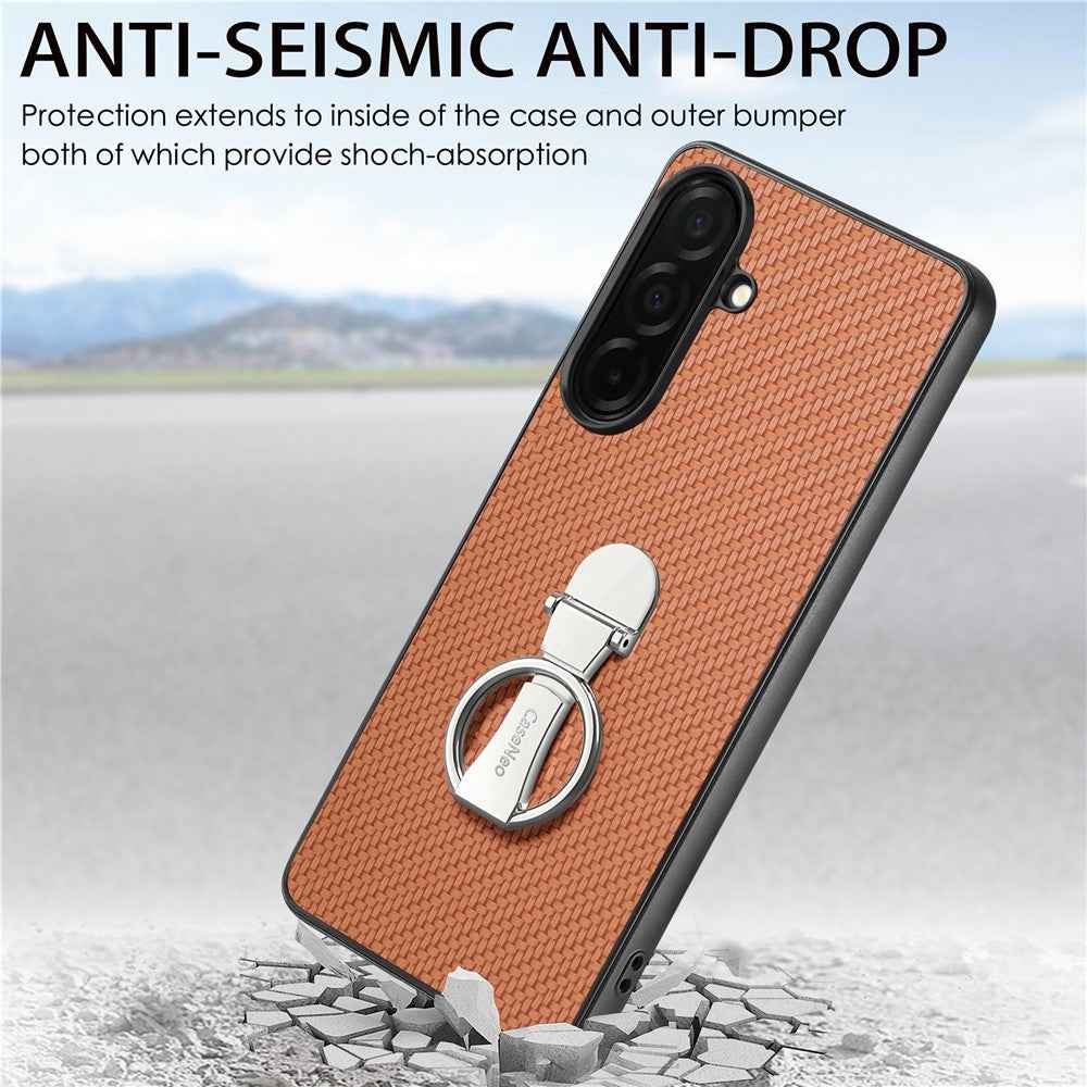 For Samsung Galaxy A57 5G Case Card Holder Kickstand Carbon Fiber Texture Back Cover - Brown