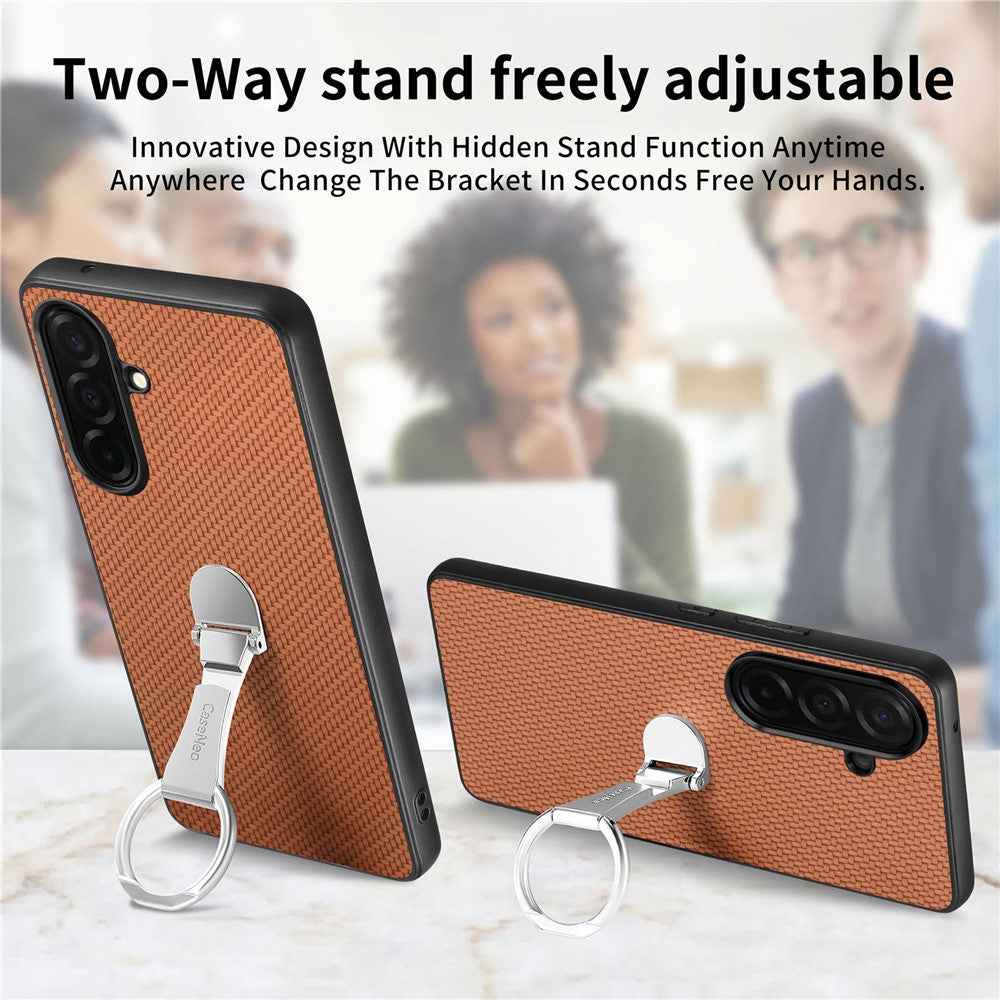 For Samsung Galaxy A57 5G Case Card Holder Kickstand Carbon Fiber Texture Back Cover - Brown
