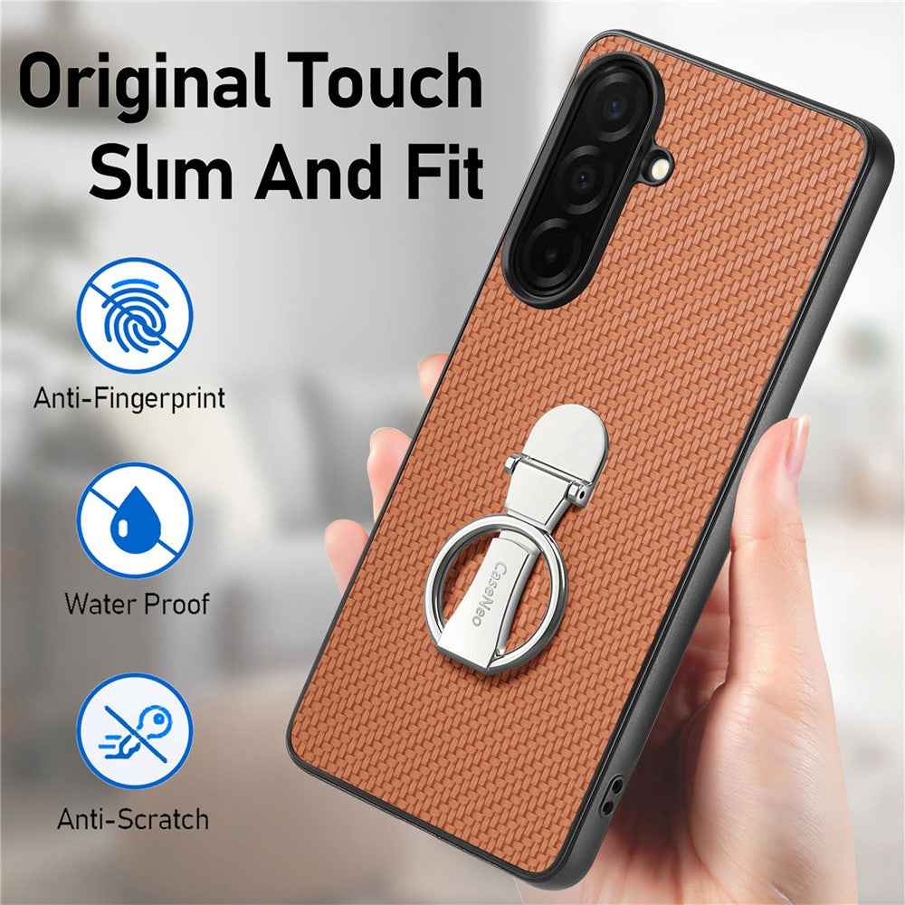 For Samsung Galaxy A57 5G Case Card Holder Kickstand Carbon Fiber Texture Back Cover - Brown