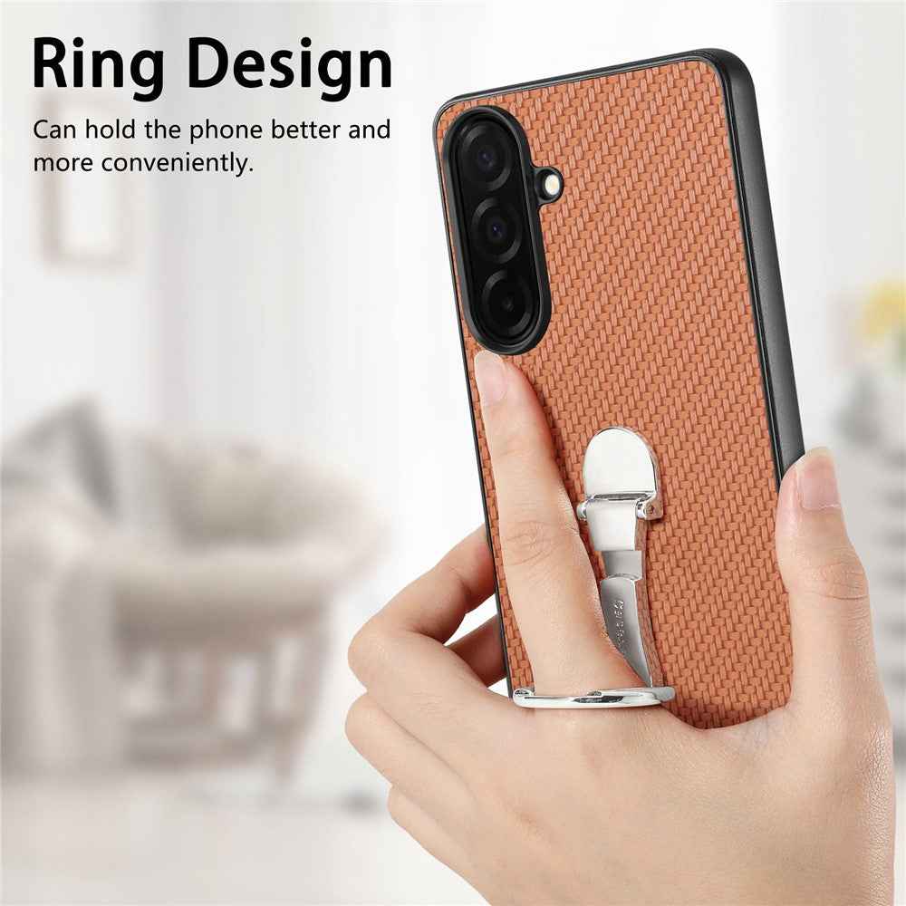 For Samsung Galaxy A57 5G Case Card Holder Kickstand Carbon Fiber Texture Back Cover - Brown