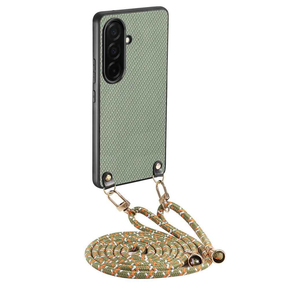 For Samsung Galaxy A57 5G Case Carbon Fiber Texture Hybrid Phone Back Cover with Adjustable Strap - Green