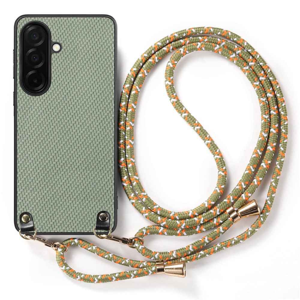 For Samsung Galaxy A57 5G Case Carbon Fiber Texture Hybrid Phone Back Cover with Adjustable Strap - Green