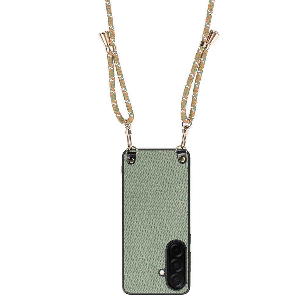 For Samsung Galaxy A57 5G Case Carbon Fiber Texture Hybrid Phone Back Cover with Adjustable Strap - Green