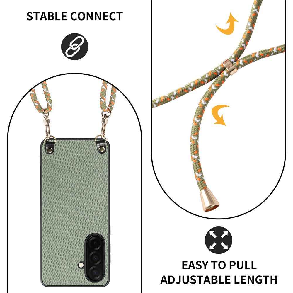 For Samsung Galaxy A57 5G Case Carbon Fiber Texture Hybrid Phone Back Cover with Adjustable Strap - Green