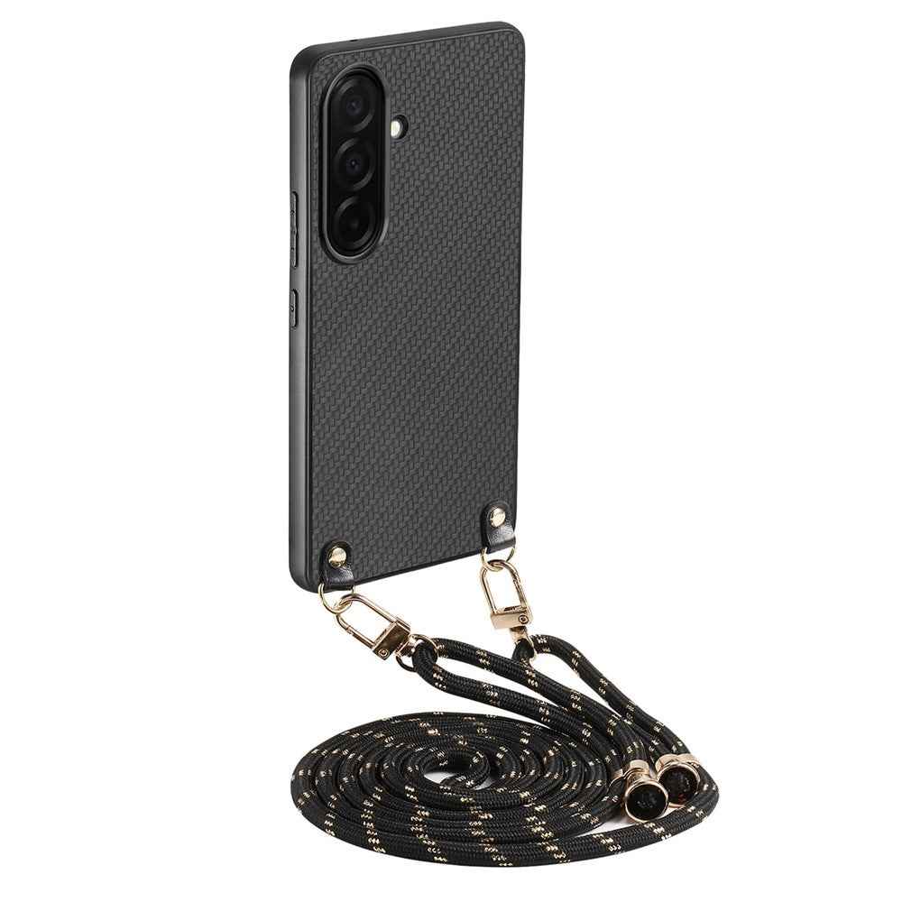 For Samsung Galaxy A57 5G Case Carbon Fiber Texture Hybrid Phone Back Cover with Adjustable Strap - Black