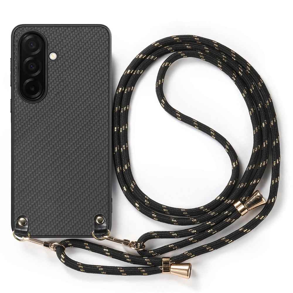 For Samsung Galaxy A57 5G Case Carbon Fiber Texture Hybrid Phone Back Cover with Adjustable Strap - Black