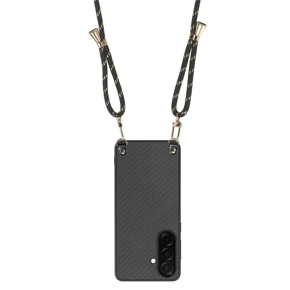 For Samsung Galaxy A57 5G Case Carbon Fiber Texture Hybrid Phone Back Cover with Adjustable Strap - Black