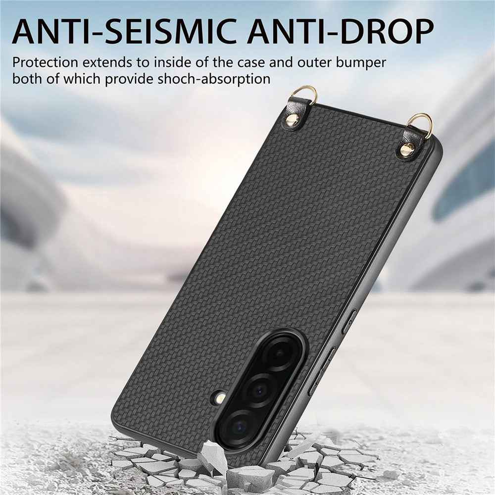 For Samsung Galaxy A57 5G Case Carbon Fiber Texture Hybrid Phone Back Cover with Adjustable Strap - Black