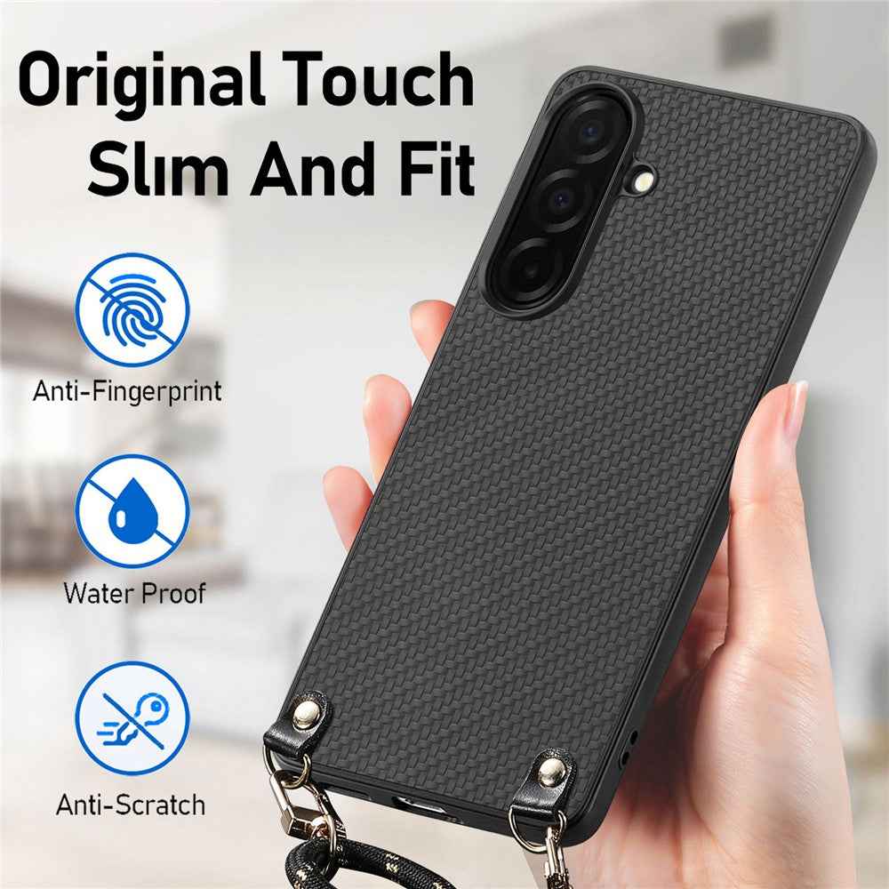 For Samsung Galaxy A57 5G Case Carbon Fiber Texture Hybrid Phone Back Cover with Adjustable Strap - Black