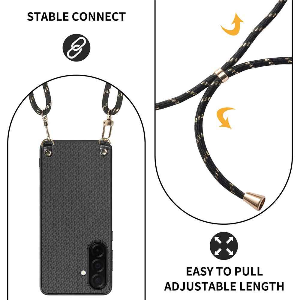 For Samsung Galaxy A57 5G Case Carbon Fiber Texture Hybrid Phone Back Cover with Adjustable Strap - Black
