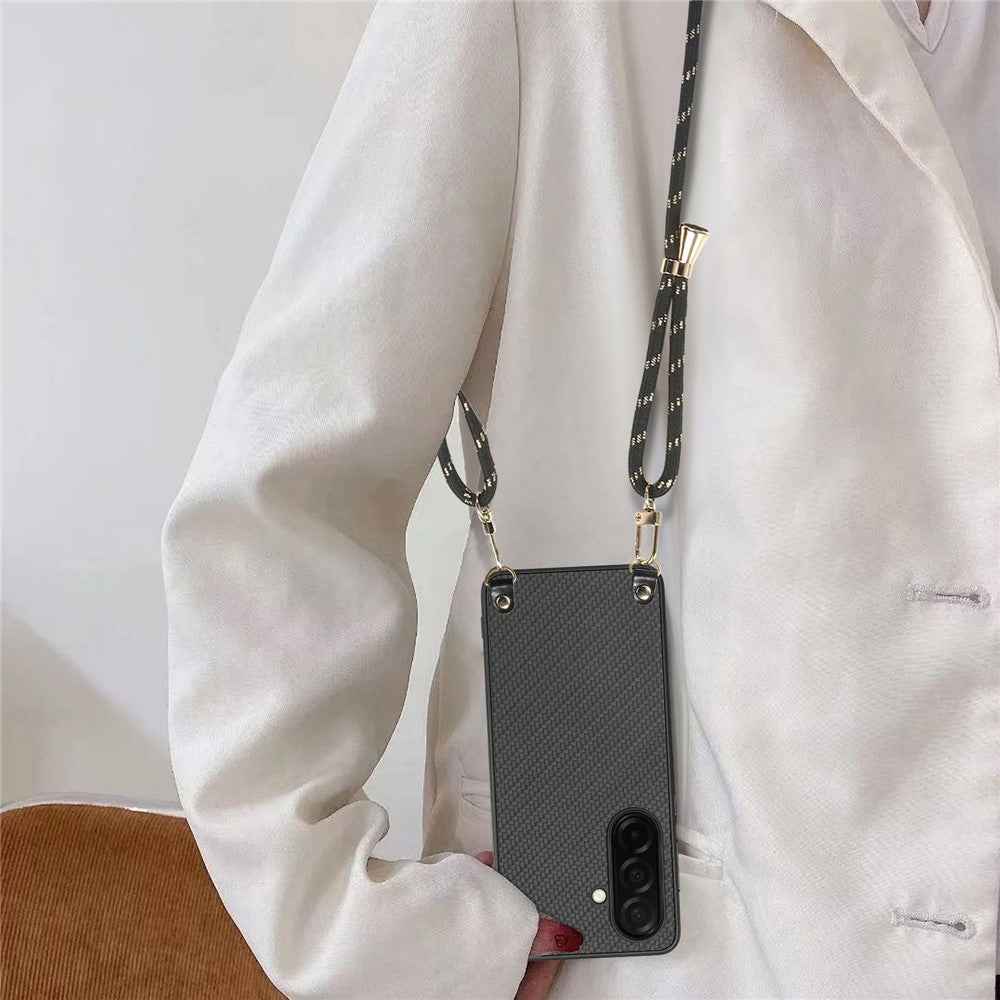For Samsung Galaxy A57 5G Case Carbon Fiber Texture Hybrid Phone Back Cover with Adjustable Strap - Black