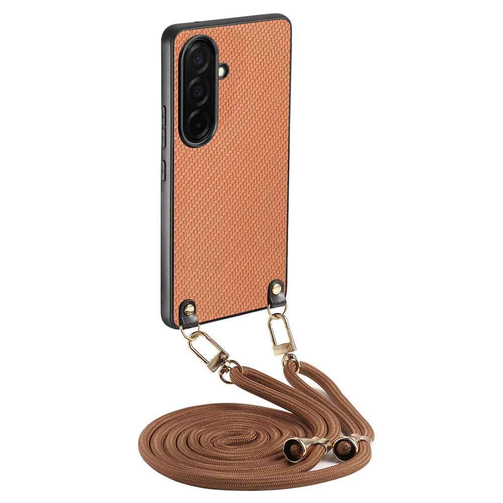 For Samsung Galaxy A57 5G Case Carbon Fiber Texture Hybrid Phone Back Cover with Adjustable Strap - Brown