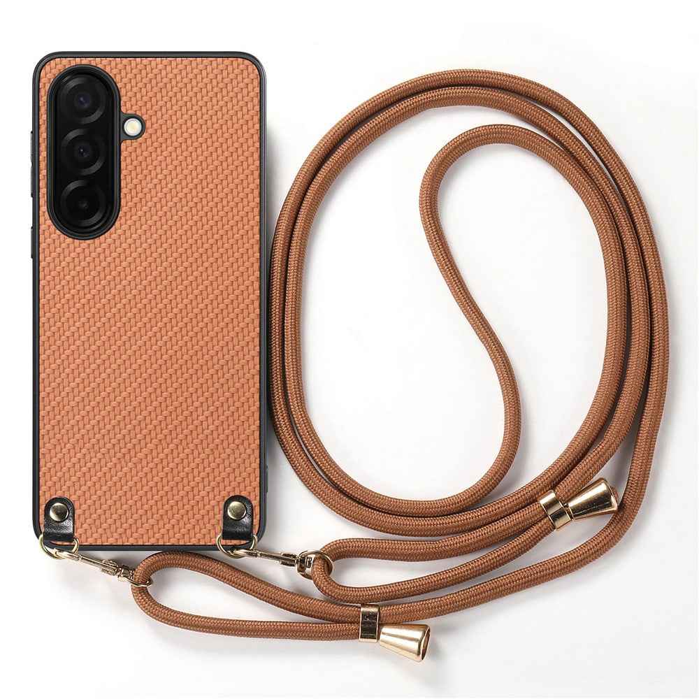 For Samsung Galaxy A57 5G Case Carbon Fiber Texture Hybrid Phone Back Cover with Adjustable Strap - Brown