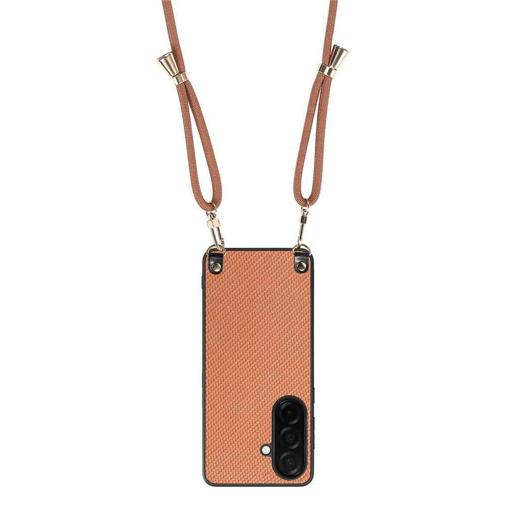 For Samsung Galaxy A57 5G Case Carbon Fiber Texture Hybrid Phone Back Cover with Adjustable Strap - Brown