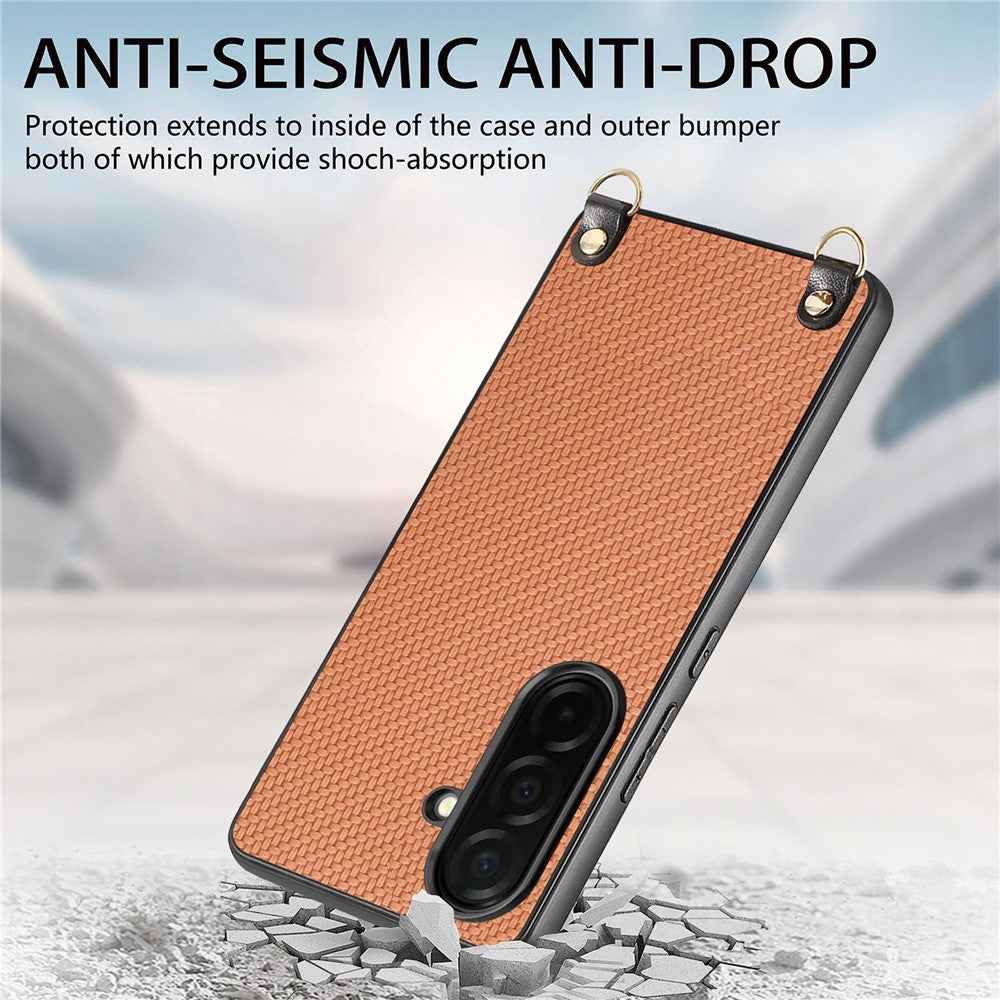For Samsung Galaxy A57 5G Case Carbon Fiber Texture Hybrid Phone Back Cover with Adjustable Strap - Brown