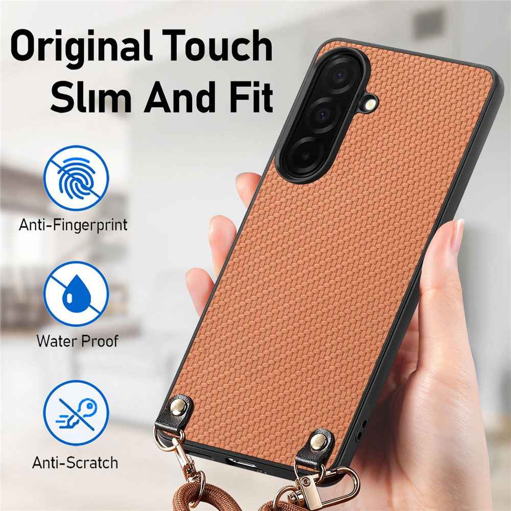 For Samsung Galaxy A57 5G Case Carbon Fiber Texture Hybrid Phone Back Cover with Adjustable Strap - Brown