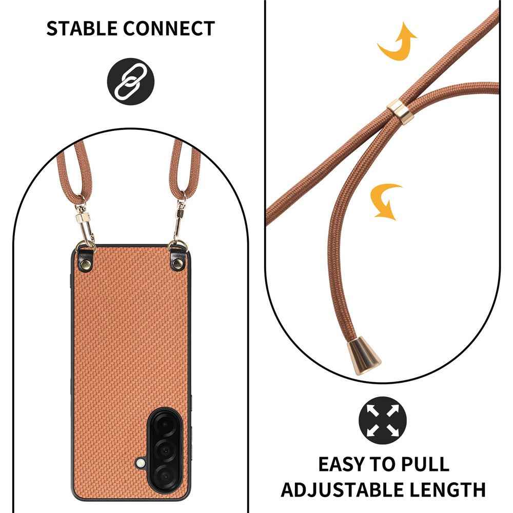 For Samsung Galaxy A57 5G Case Carbon Fiber Texture Hybrid Phone Back Cover with Adjustable Strap - Brown