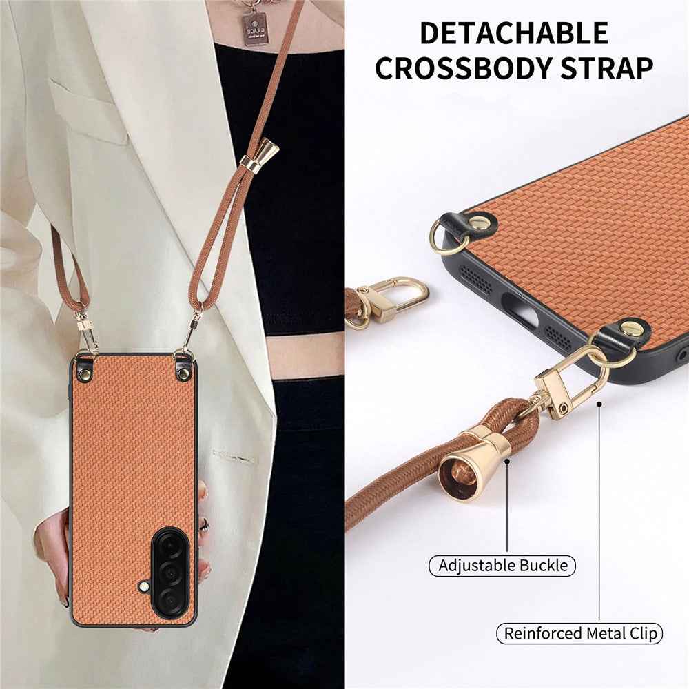 For Samsung Galaxy A57 5G Case Carbon Fiber Texture Hybrid Phone Back Cover with Adjustable Strap - Brown