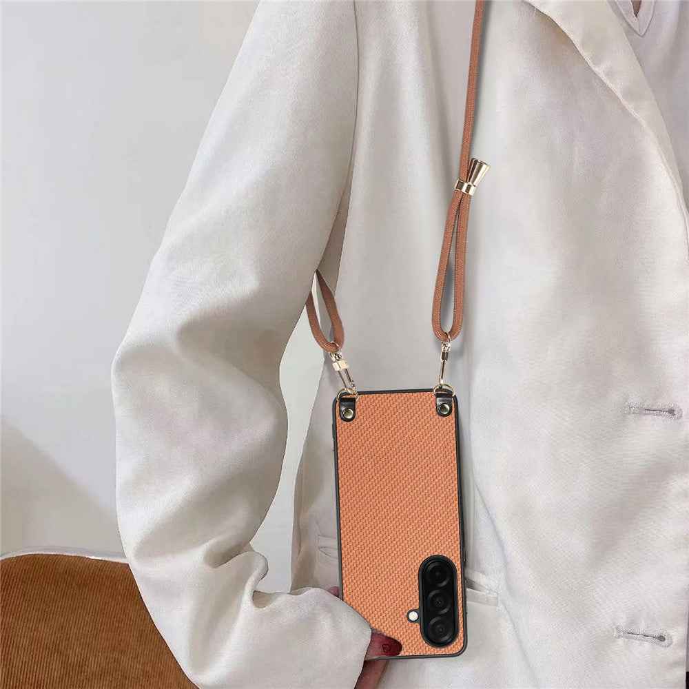 For Samsung Galaxy A57 5G Case Carbon Fiber Texture Hybrid Phone Back Cover with Adjustable Strap - Brown