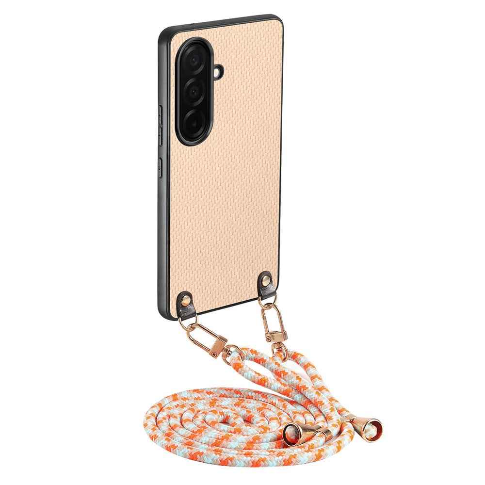 For Samsung Galaxy A57 5G Case Carbon Fiber Texture Hybrid Phone Back Cover with Adjustable Strap - Apricot