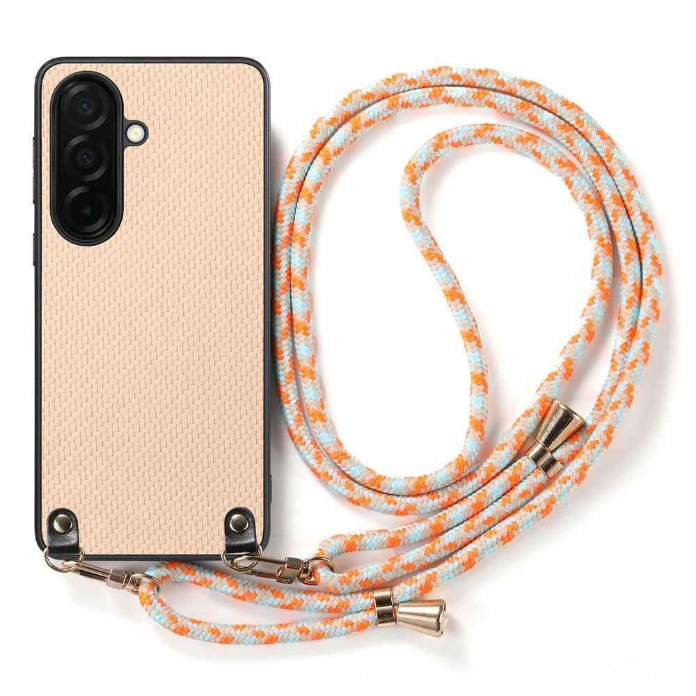 For Samsung Galaxy A57 5G Case Carbon Fiber Texture Hybrid Phone Back Cover with Adjustable Strap - Apricot