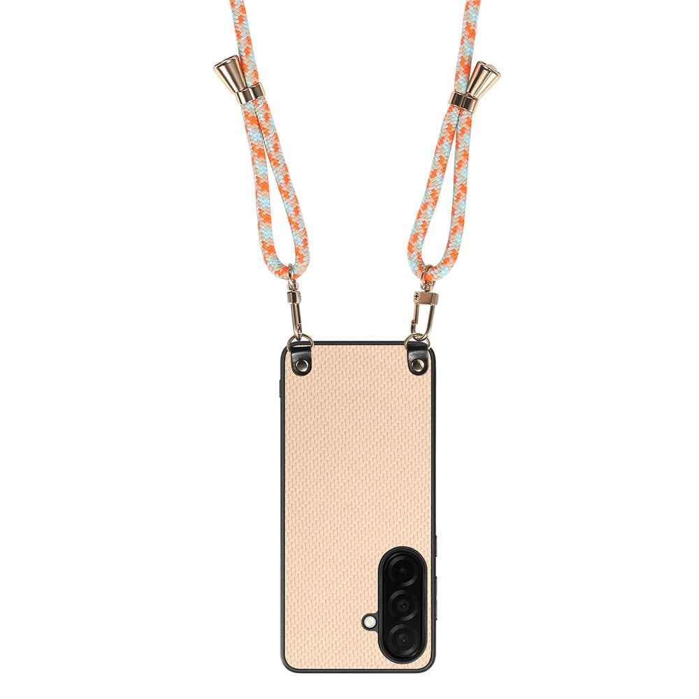 For Samsung Galaxy A57 5G Case Carbon Fiber Texture Hybrid Phone Back Cover with Adjustable Strap - Apricot